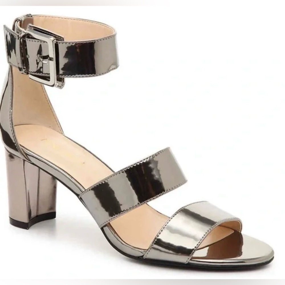 Nine West Patience Metallic Silver Patent Block Heel Sandal